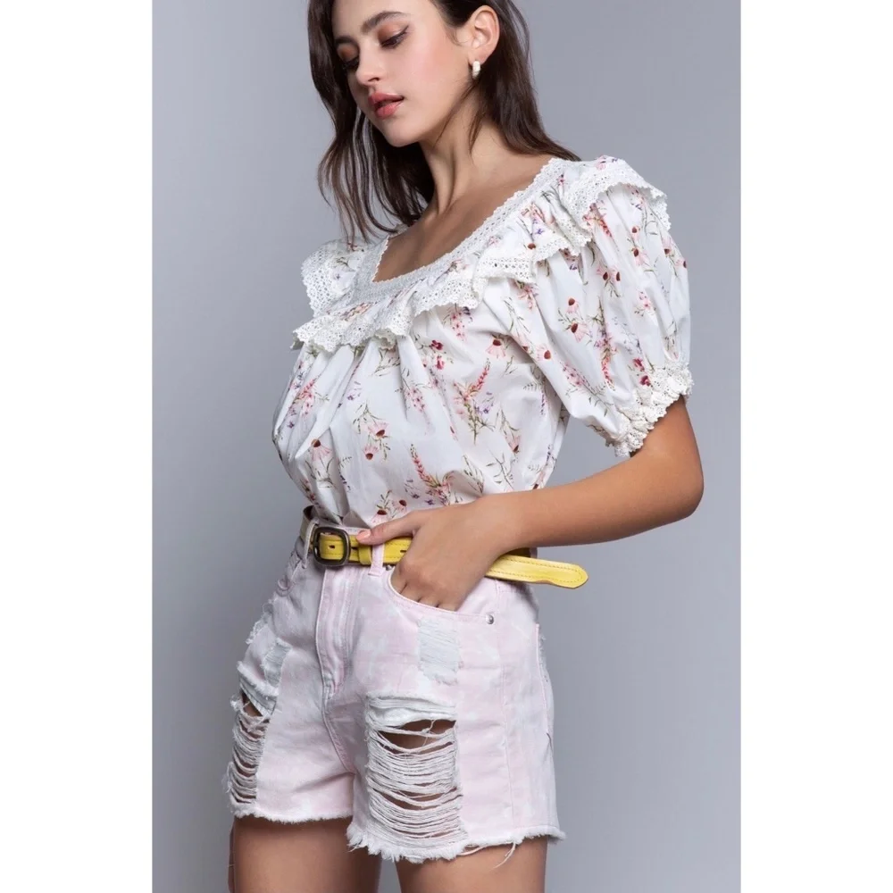 POL Ivory Floral Square Neck Puff Sleeve Top with Ruffles